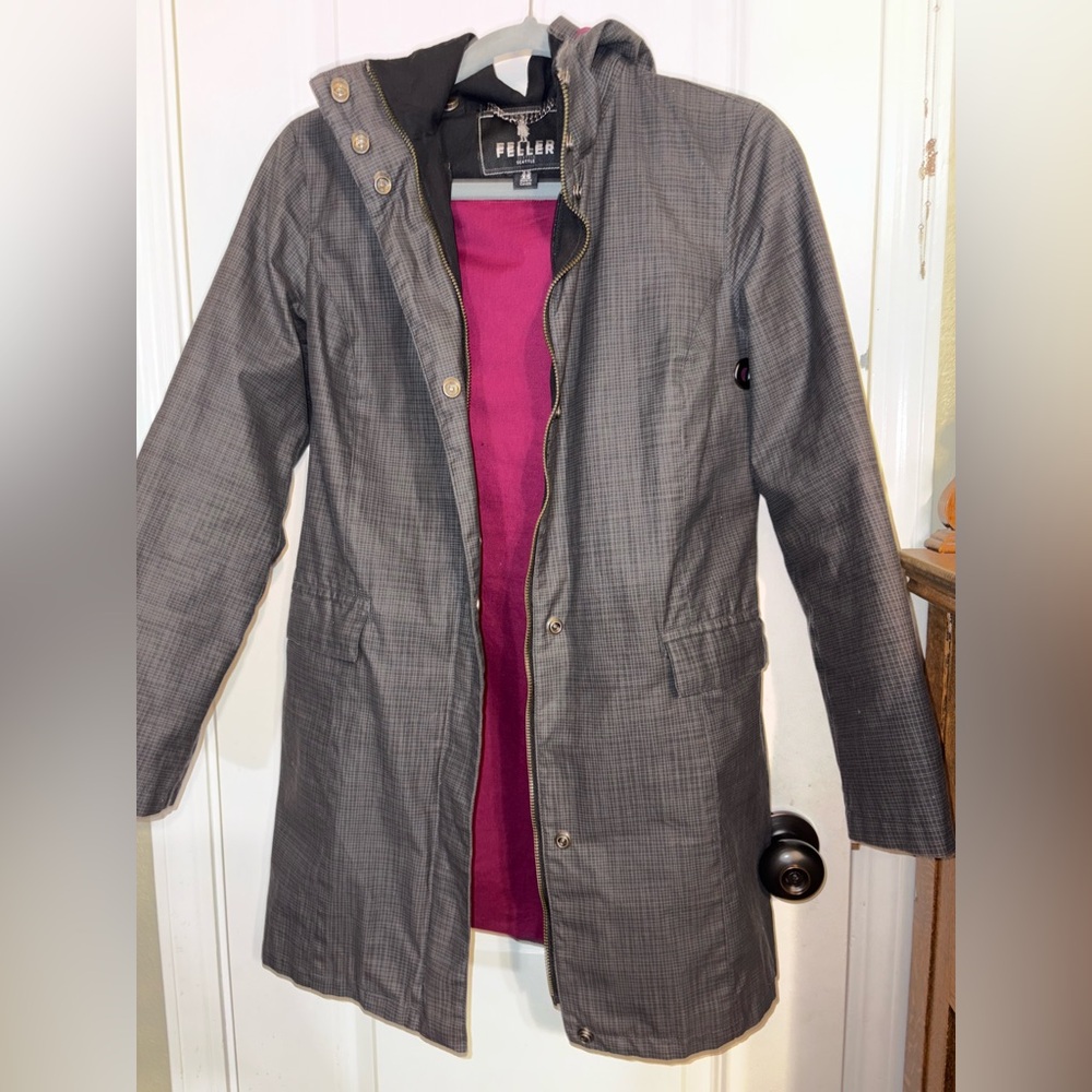 Feller Seattle Women’s XS Raincoat Trench Gray Plaid Hooded